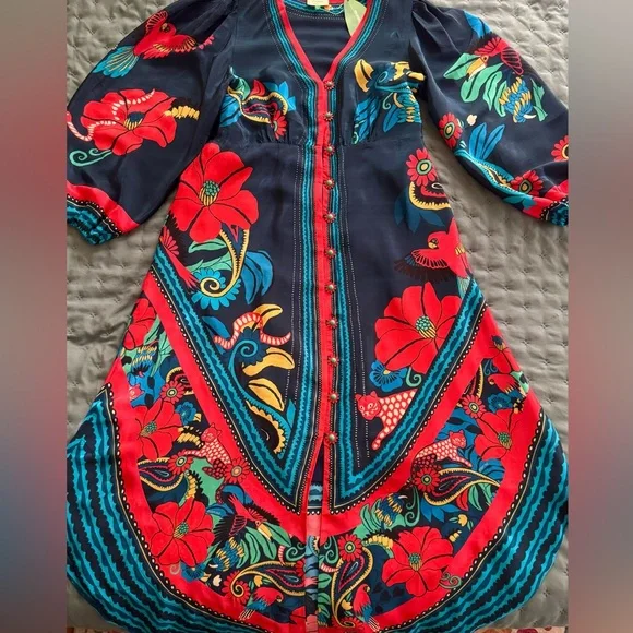 FARM Rio Blue Vintage Forest Midi Dress, Navy Blue Silky Viscose, Large - Picture 5 of 14